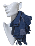 Handmade Denim Fringe Statement Earrings | Boho Lightweight Fabric Jewelry with Silver Accents