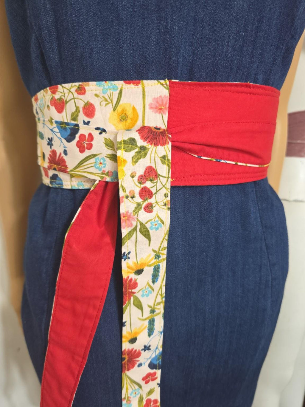 Reversible Floral Obi Belt: Handmade Cotton Wrap Waist Tie”