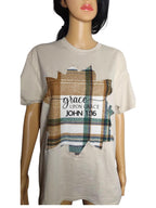 Handmade Christian T-Shirt | John 1:16 Plaid Patch Tee