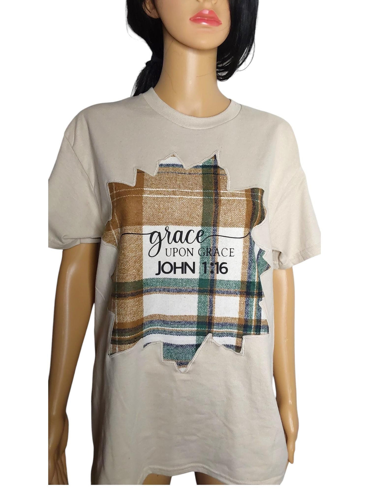 Handmade Christian T-Shirt | John 1:16 Plaid Patch Tee