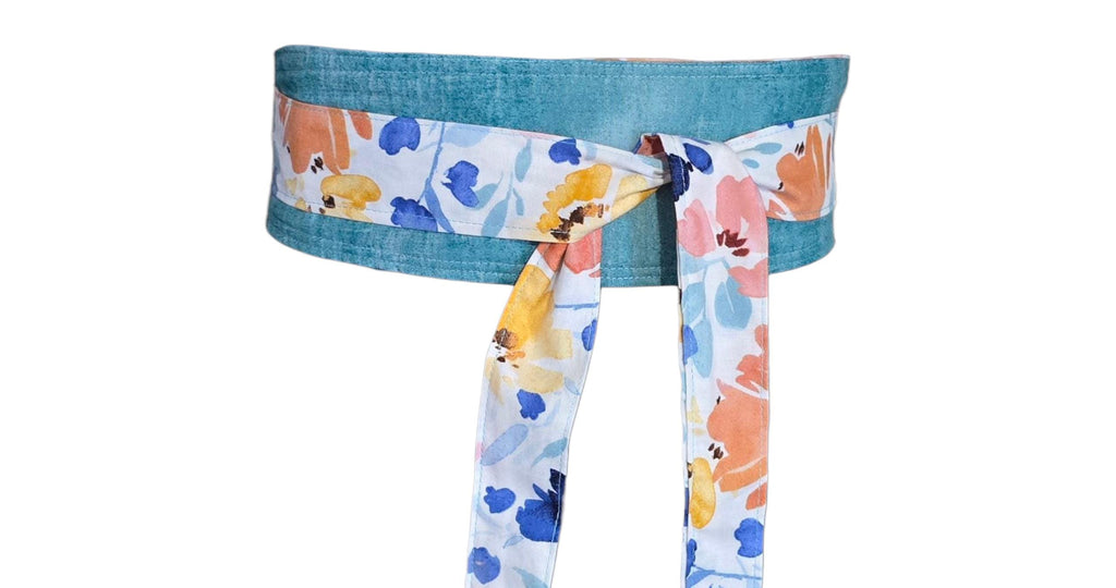 Reversible Floral Watercolor Obi Belt: Handmade Cotton Wrap Belt
