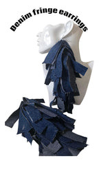 Handmade Denim Fringe Statement Earrings | Boho Lightweight Fabric Jewelry with Silver Accents