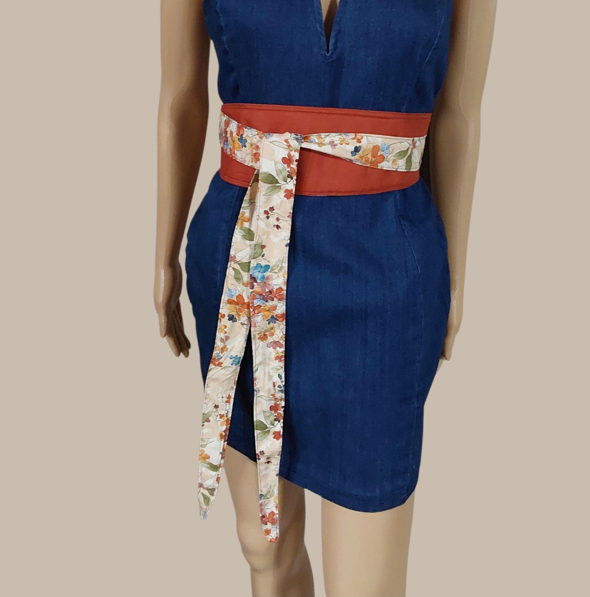 Reversible Obi Belt: Floral & Terracotta Cotton Wrap Waist Cincher