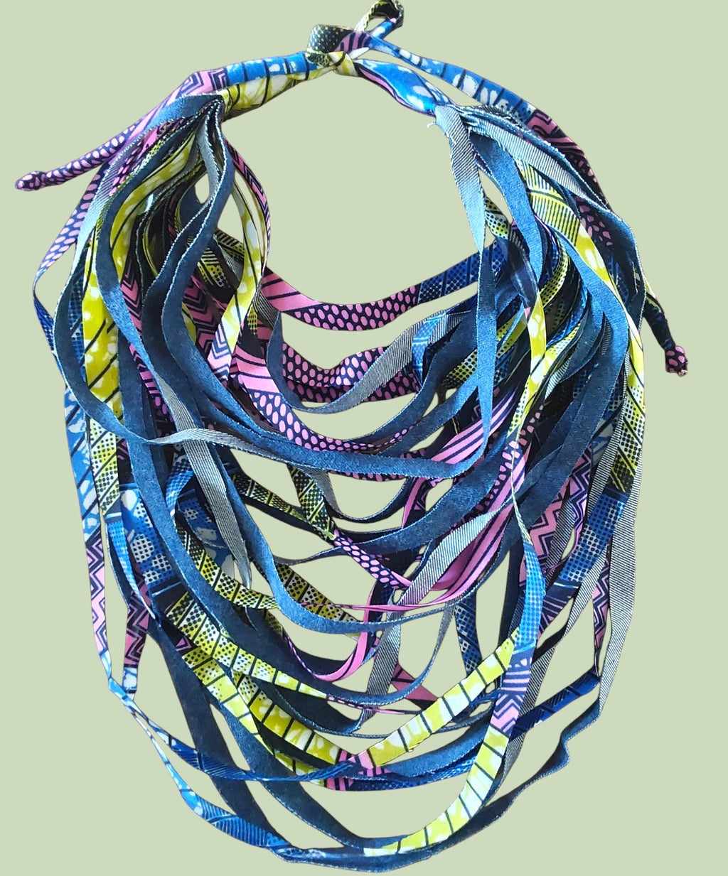 Handcrafted African Print Fabric Strip Necklace: Boho Denim Bib
