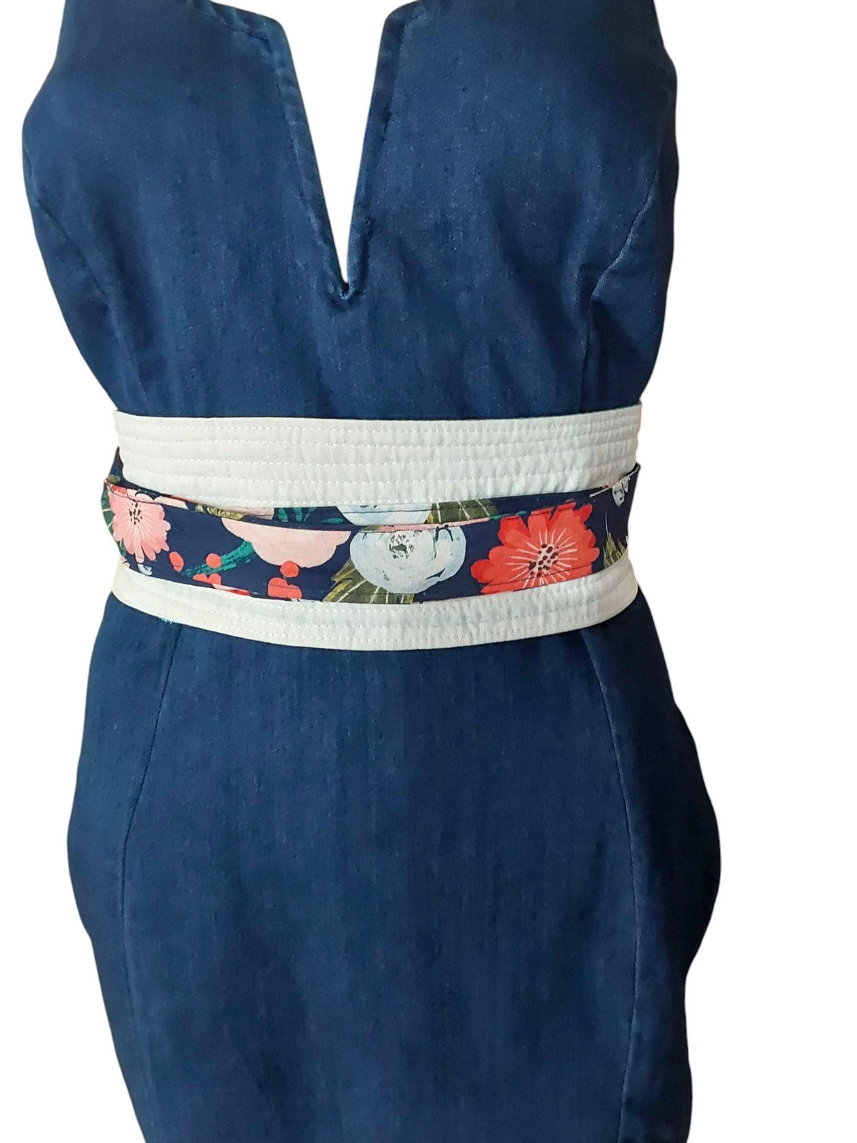 Handmade Reversible Obi Belt: Floral Wrap Waist Tie - Dark Blue