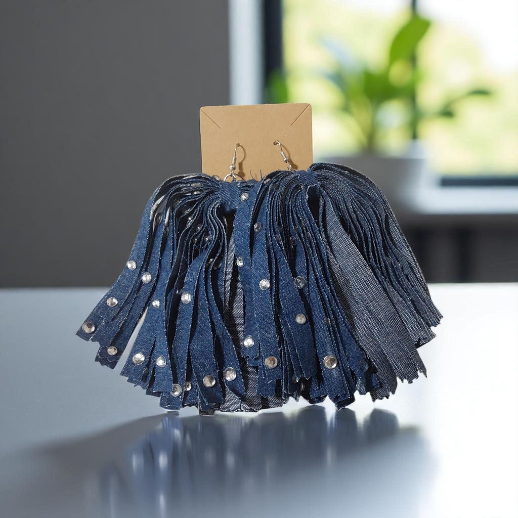 Handmade Denim Fringe Statement Earrings | Boho Lightweight Fabric Jewelry with Silver Accents