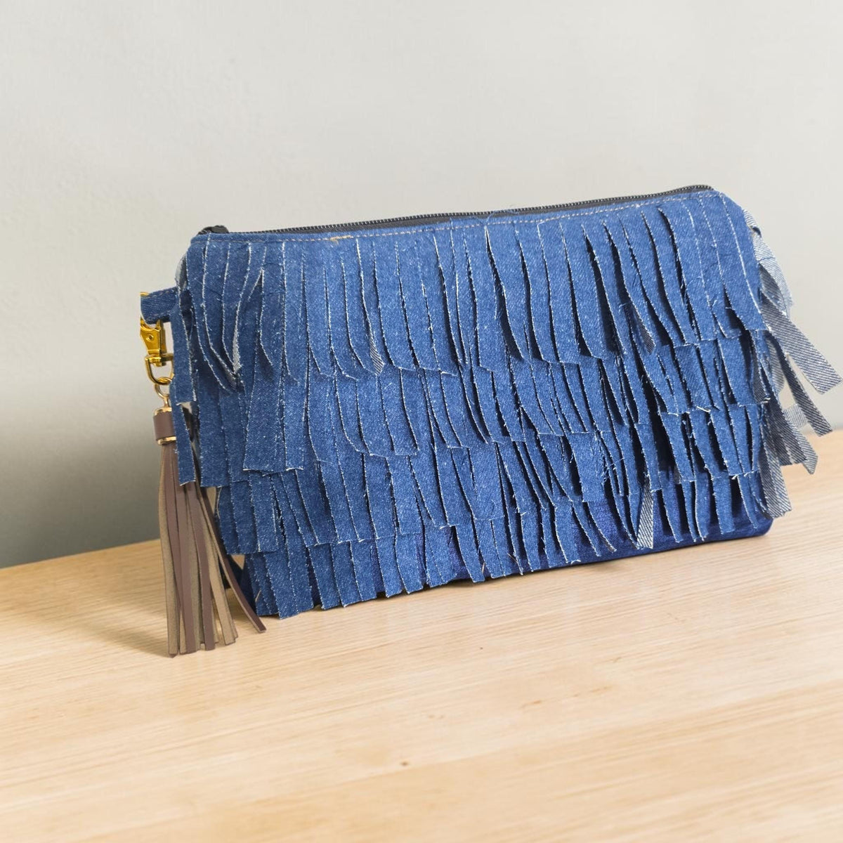 Handcrafted Denim Fringe Zipper Pouch, Boho Wristlet Clutch Bag