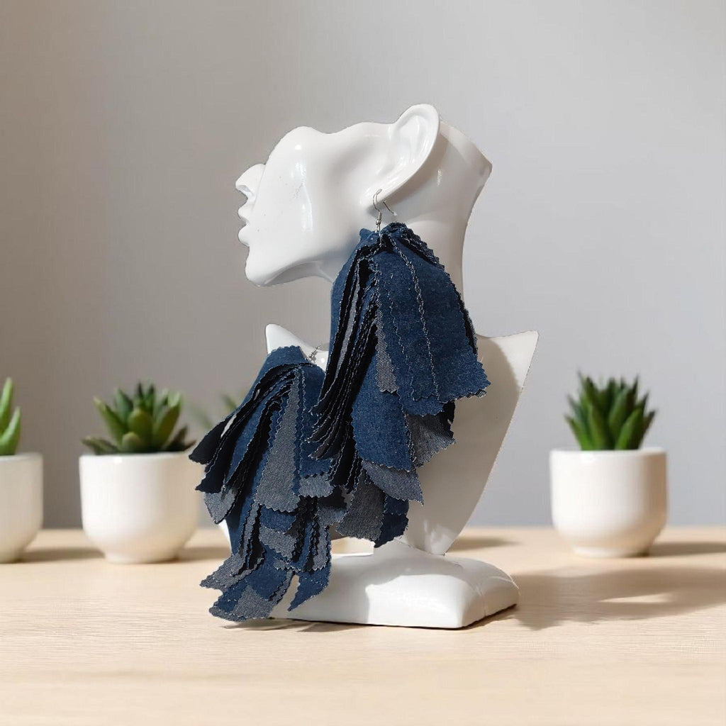 Handmade Denim Fringe Statement Earrings | Boho Lightweight Fabric Jewelry with Silver Accents