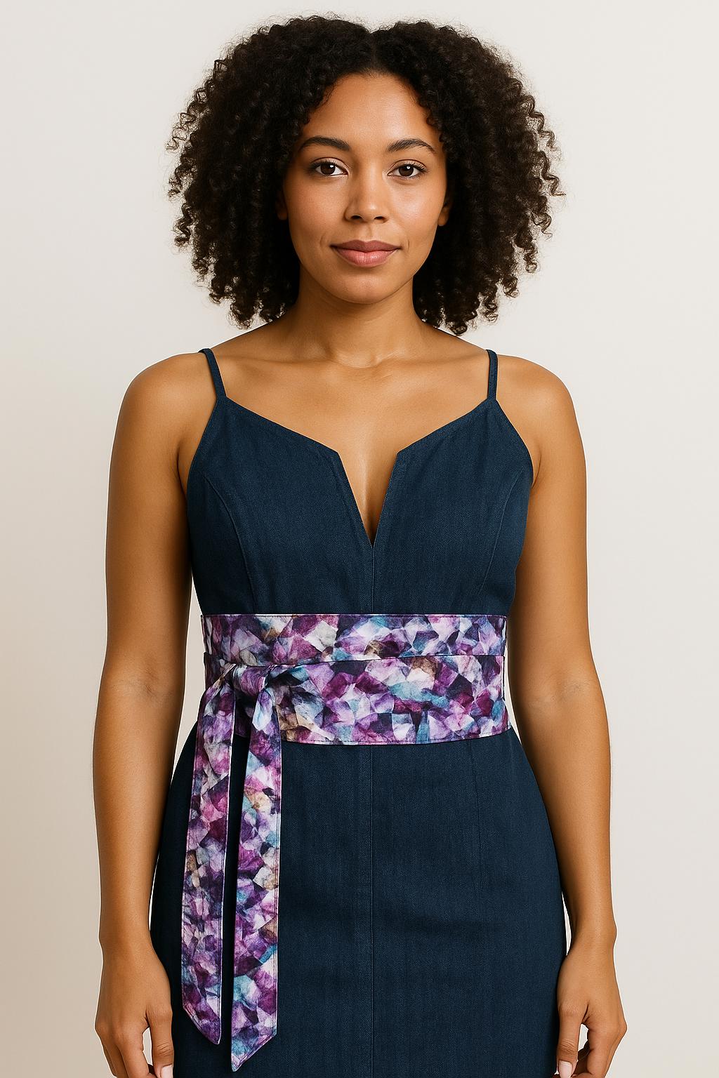 Handmade Reversible Obi Belt: Gemstone Print Cotton Wrap