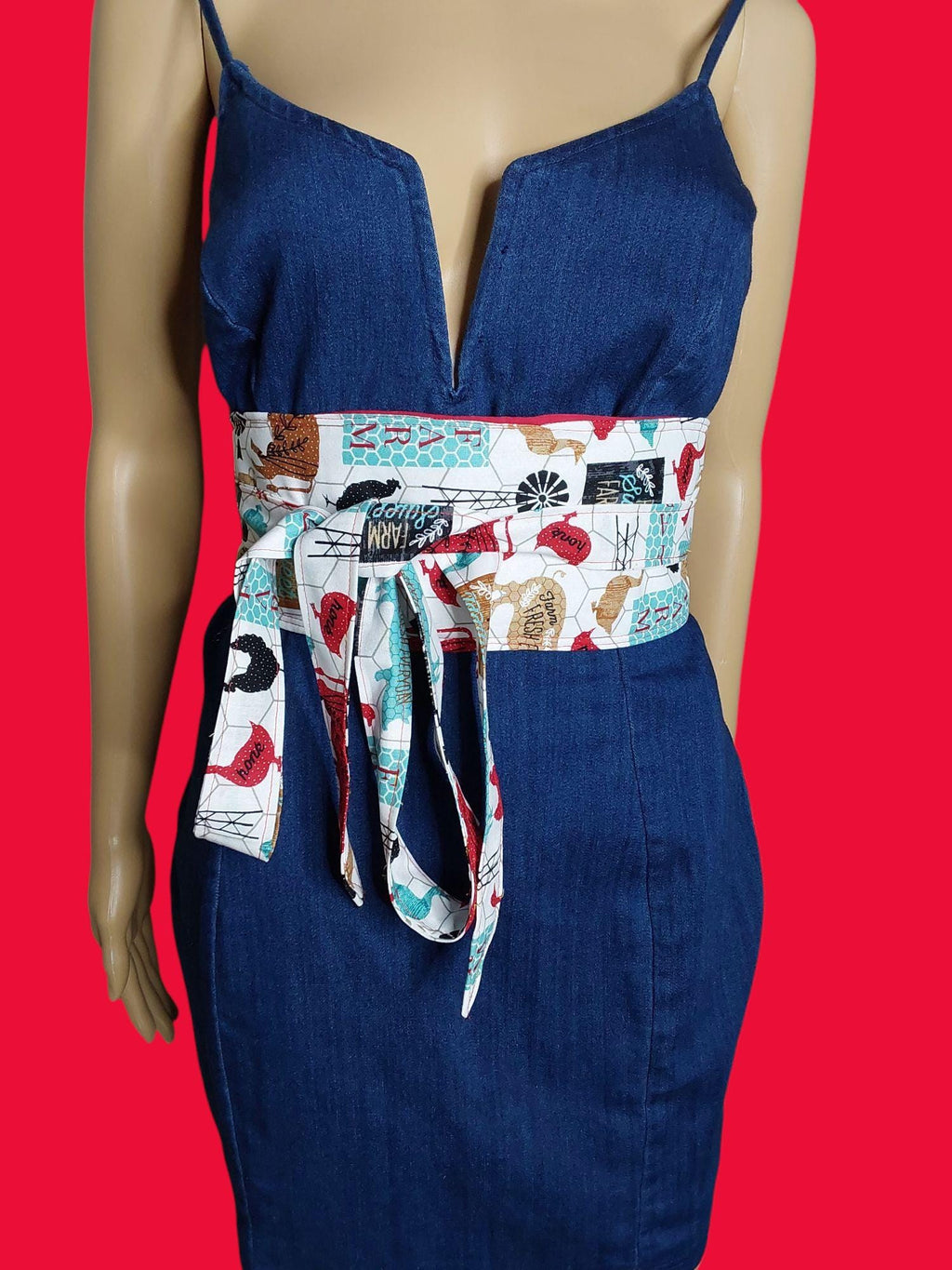 Reversible Obi Belt: Travel Print & Solid Red Cotton Waist Wrap