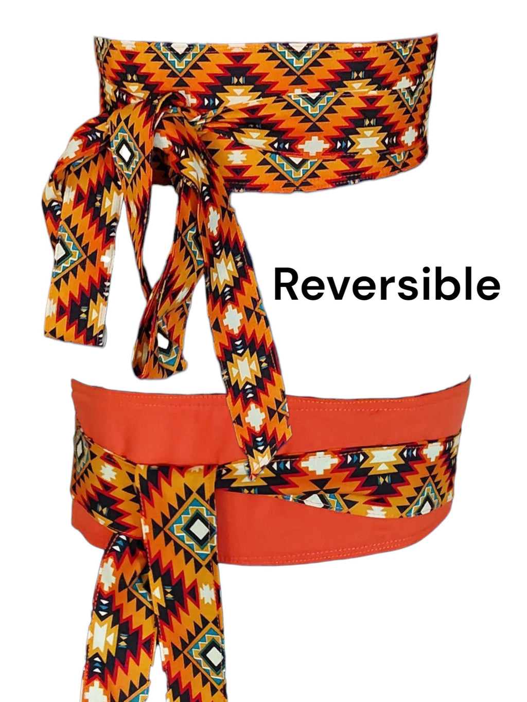 Reversible Aztec Print Obi Belt: Orange or Black Tribal Waist Wrap