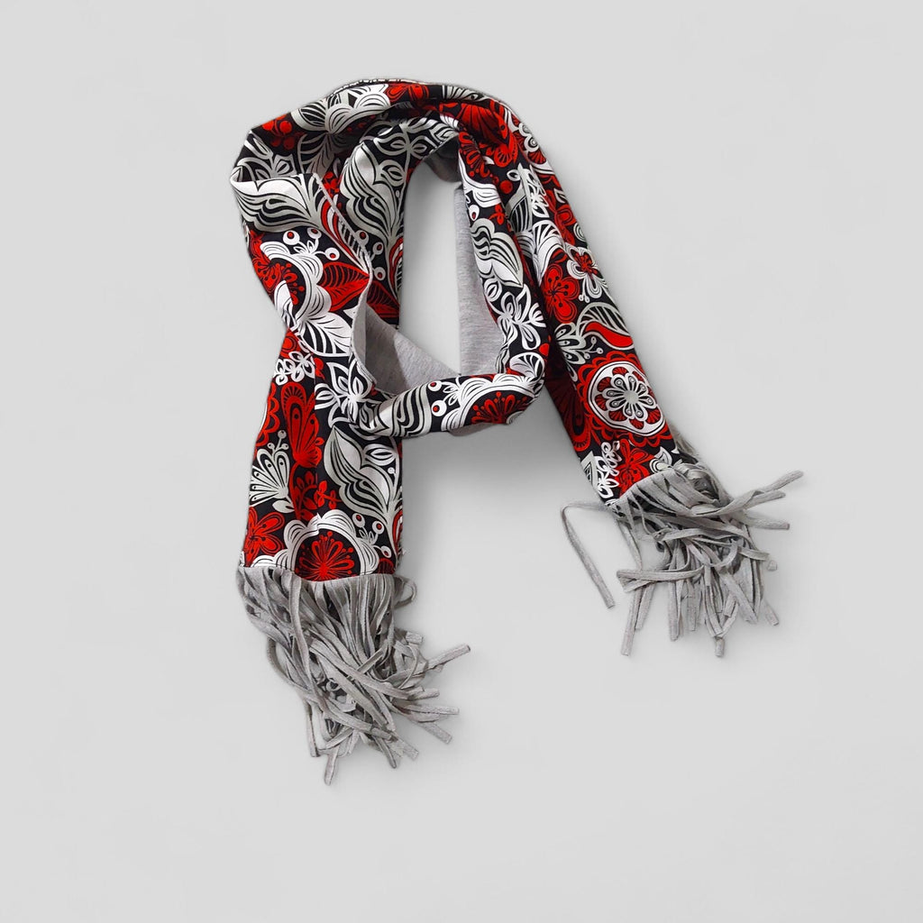 Handmade Floral Scarf: Red White Cotton Blend with Fringe