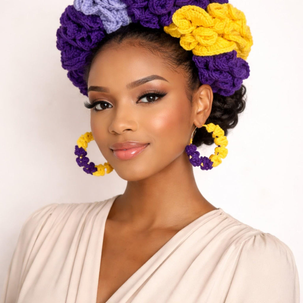 Handmade Crochet Scrunchie Hoop Earrings Set | Purple Yellow Bold Statement Accessory