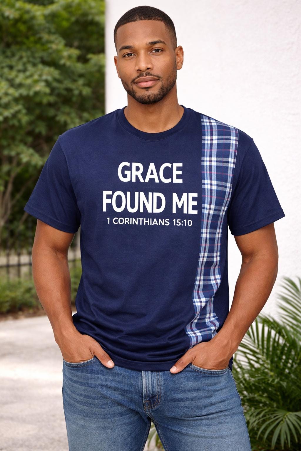 Handmade Christian T-Shirt | John 1:16 Plaid Patch Tee