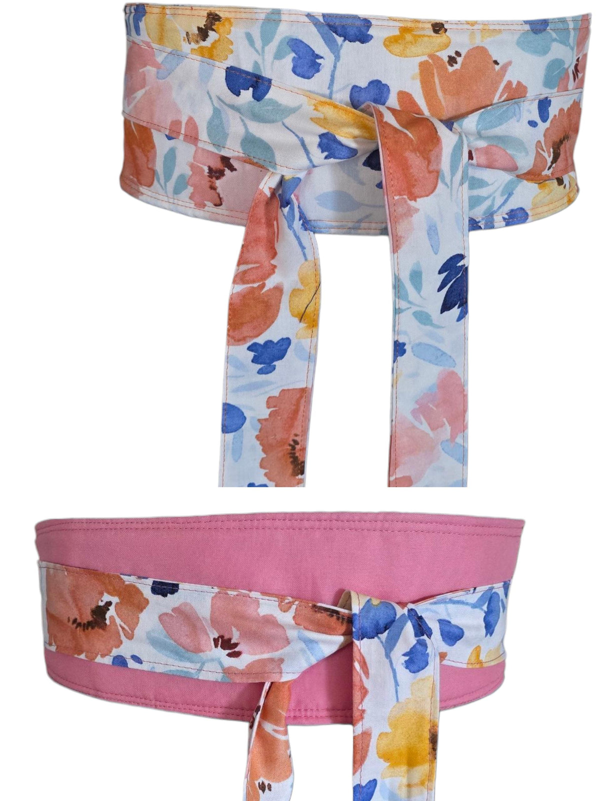 Reversible Floral Watercolor Obi Belt: Handmade Cotton Wrap Belt