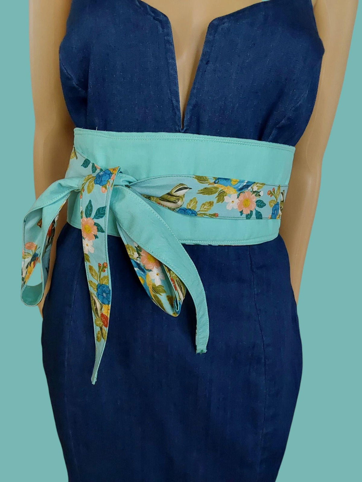 Reversible Obi Belt: Handmade Cotton Floral Bird Print Waist Wrap