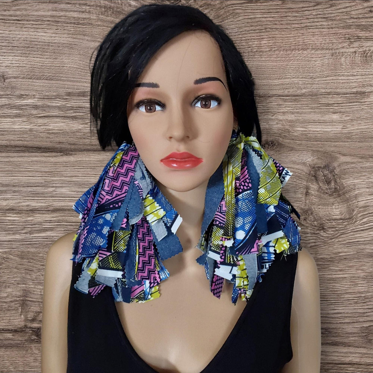 Handmade Denim Tassel Earrings: Mixed African Fabric, Boho Chic