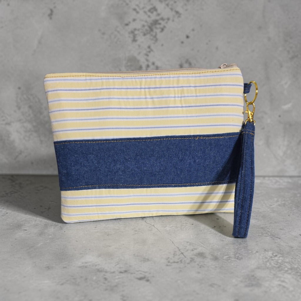 Handmade Obi Belt and Matching Zipper Pouch Set | Denim & Stripe Cotton | Women's Accessories