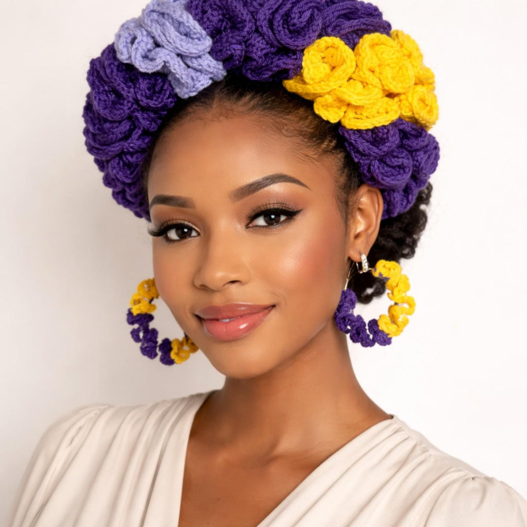 Handmade Crochet Scrunchie Hoop Earrings Set | Purple Yellow Bold Statement Accessory