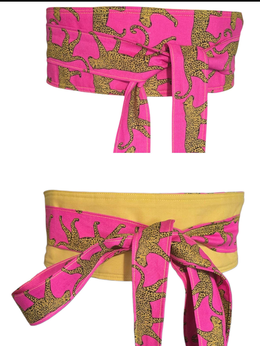 Reversible Obi Belt – Hot Pink Leopard Print with Yellow Back | Handmade Cotton Wrap Belt