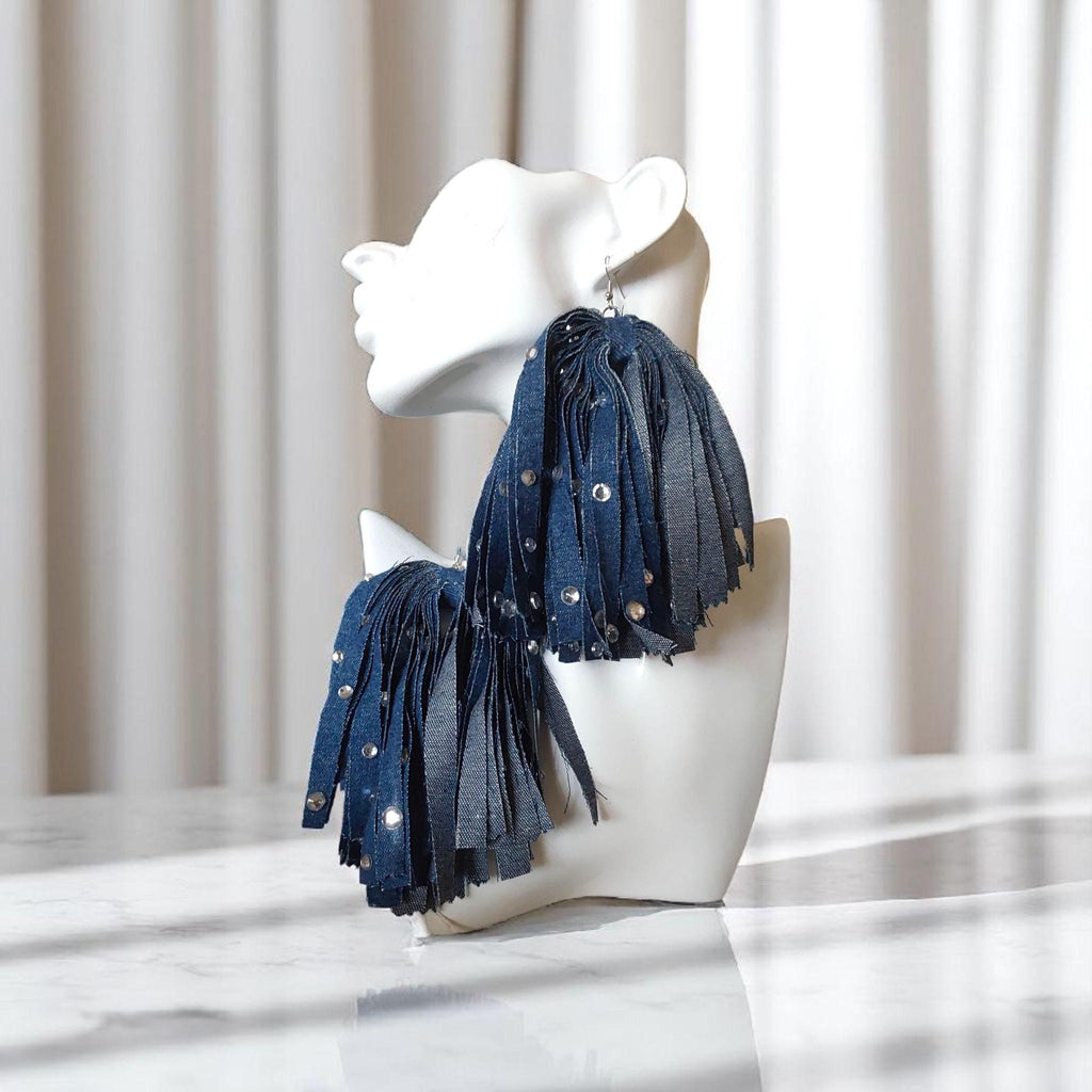 Handmade Denim Fringe Statement Earrings | Boho Lightweight Fabric Jewelry with Silver Accents