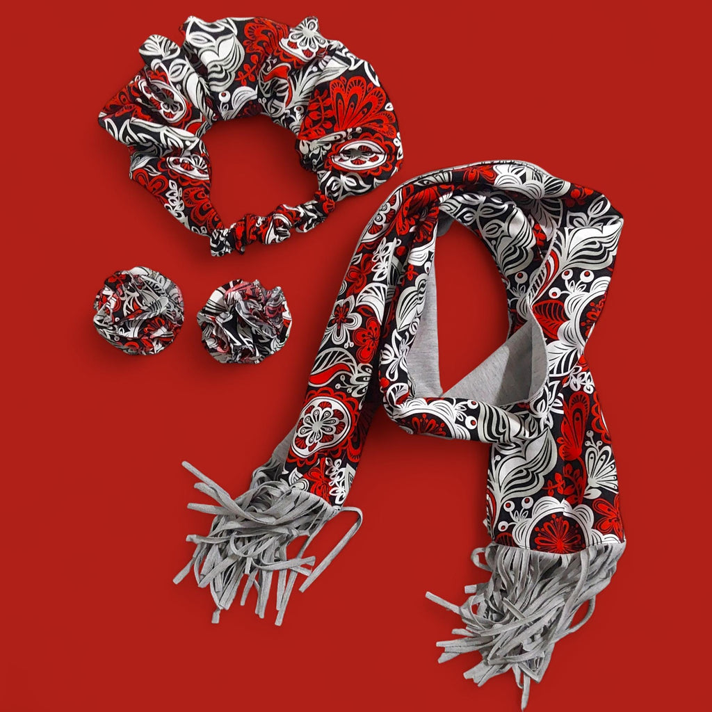 Handmade Floral Scarf: Red White Cotton Blend with Fringe