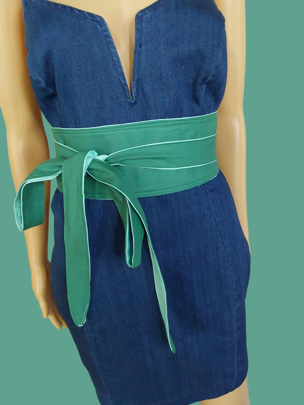 Reversible Obi Belt: Handmade Forest Green & Light-Cyan Cotton Wrap