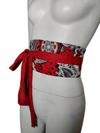 Handmade Reversible Obi Belt: Red & Black Floral Cotton Wrap