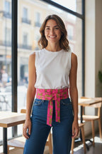 Reversible Obi Belt – Hot Pink Leopard Print with Yellow Back | Handmade Cotton Wrap Belt