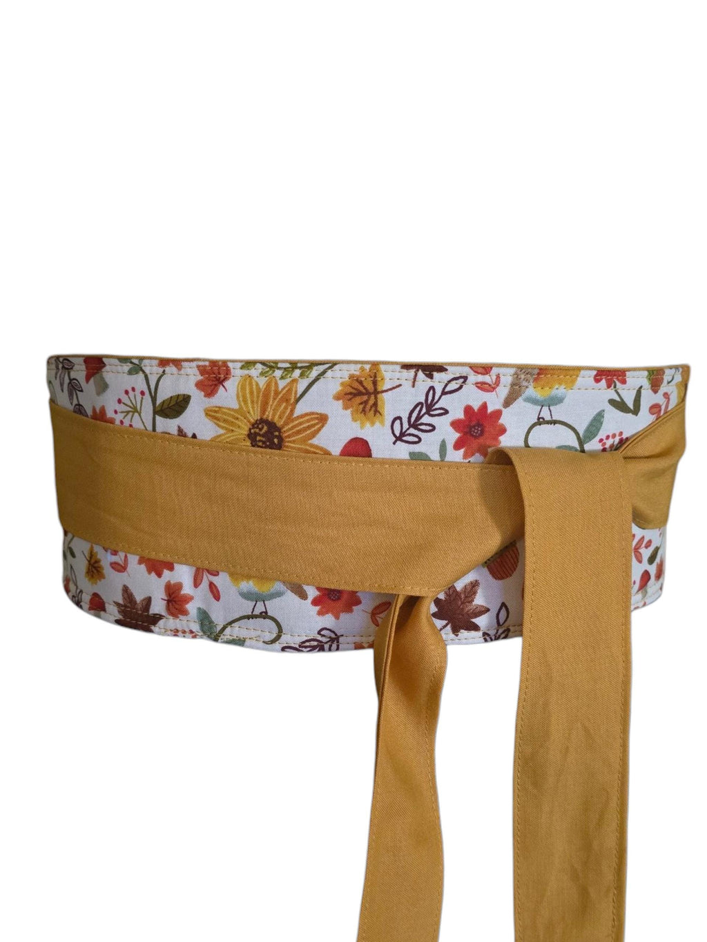 Reversible Fall Floral Obi Belt – Handmade Wrap Belt in Mustard, Green, and Autumn Blooms