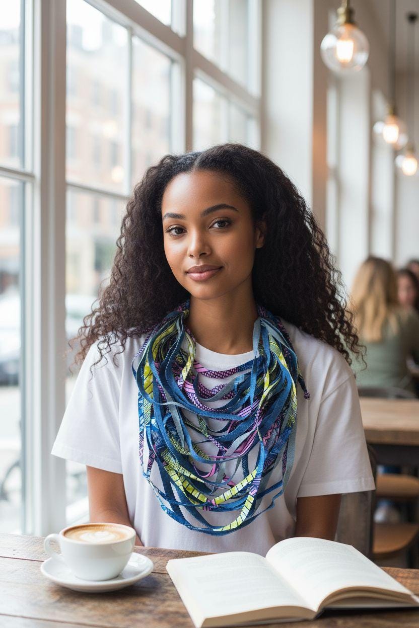 Handcrafted African Print Fabric Strip Necklace: Boho Denim Bib