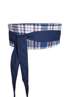 Handmade Reversible Plaid Obi Belt | Navy Blue Wrap Belt for Dresses