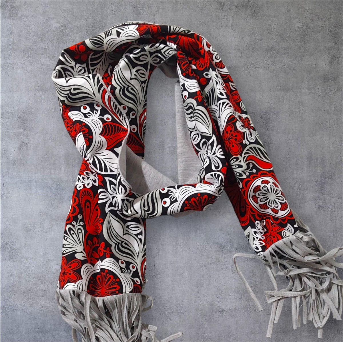 Handmade Floral Scarf: Red White Cotton Blend with Fringe
