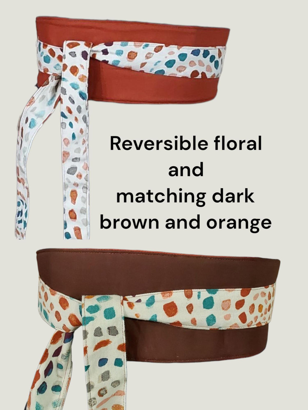 Reversible Wrap Belt: Dark Orange & Floral Print Cotton Obi Sash