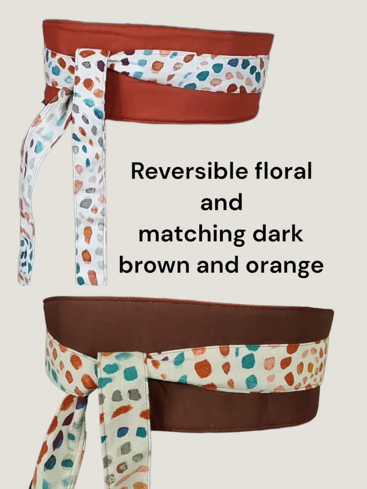 Reversible Wrap Belt: Dark Orange & Floral Print Cotton Obi Sash