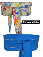 Reversible Obi Belt: Green & Multicolor Paint Splatter, Handmade Cotton Wrap