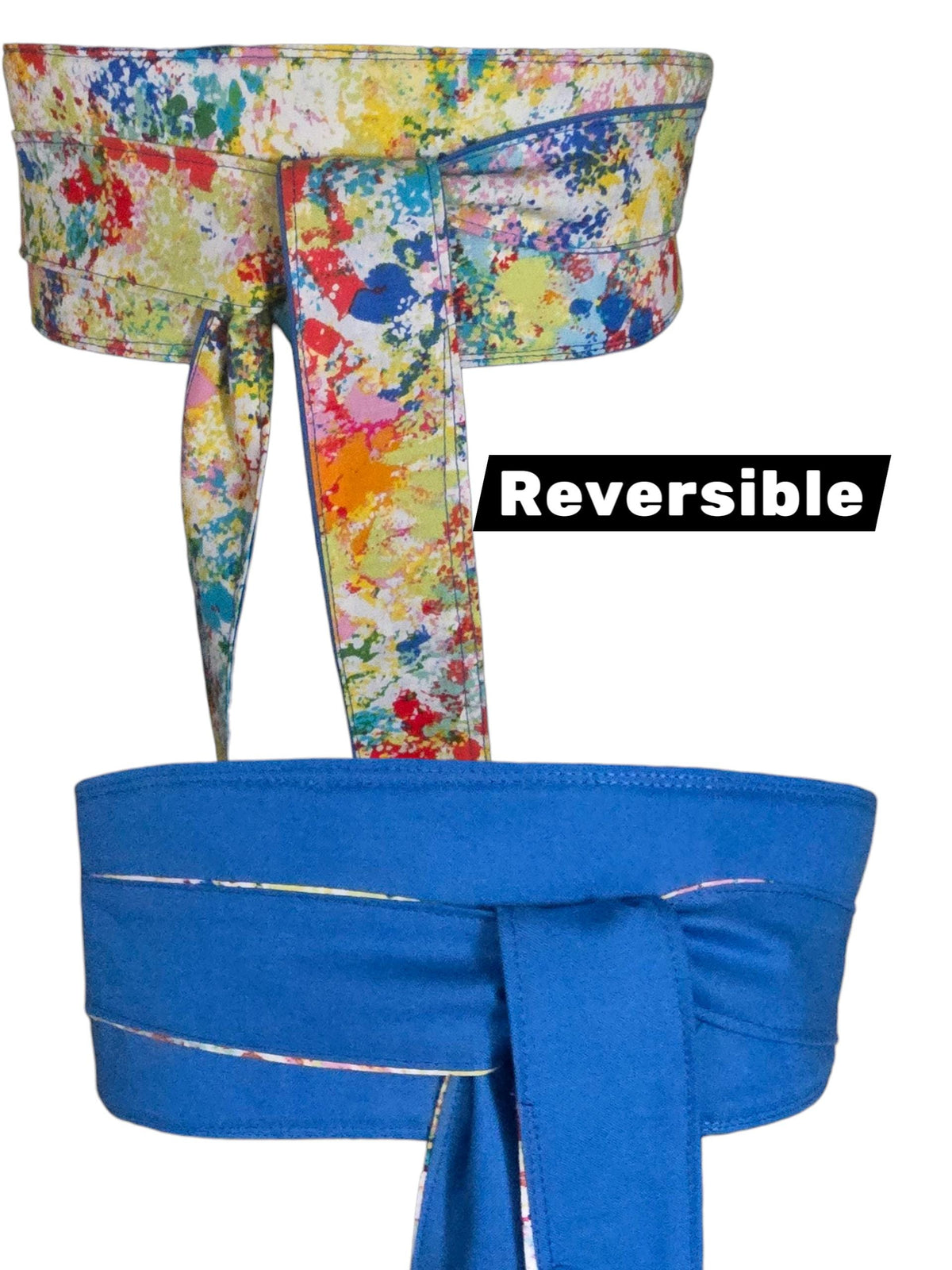 Reversible Obi Belt: Green & Multicolor Paint Splatter, Handmade Cotton Wrap