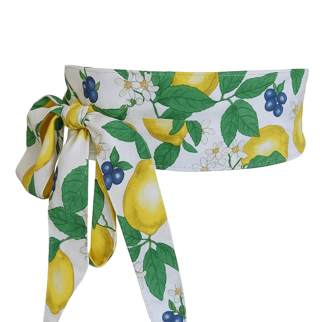 Lemon Print Obi Belt: Reversible Cotton Wrap Sash