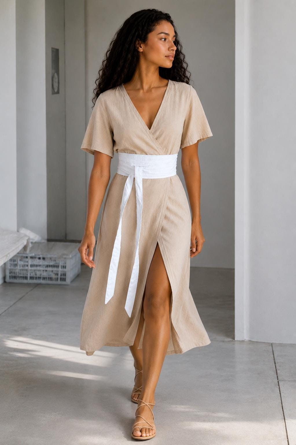 Handmade White Linen Texture Obi Wrap Belt with Keyhole