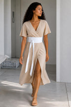 Handmade White Linen Texture Obi Wrap Belt with Keyhole