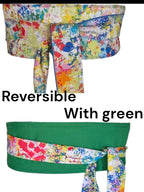 Reversible Obi Belt: Green & Multicolor Paint Splatter, Handmade Cotton Wrap