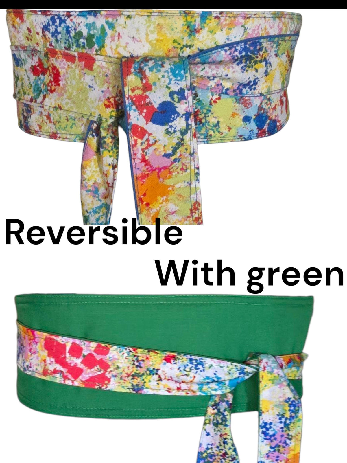Reversible Obi Belt: Green & Multicolor Paint Splatter, Handmade Cotton Wrap