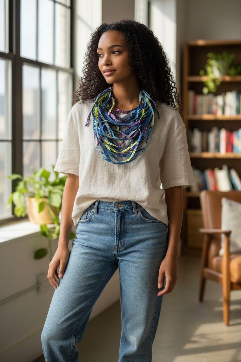 Handcrafted African Print Fabric Strip Necklace: Boho Denim Bib
