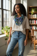 Handcrafted African Print Fabric Strip Necklace: Boho Denim Bib