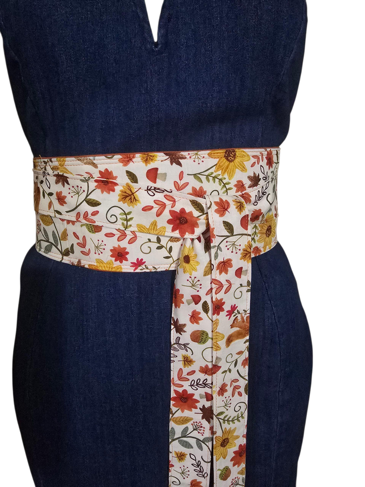 Reversible Fall Floral Obi Belt – Handmade Wrap Belt in Mustard, Green, and Autumn Blooms