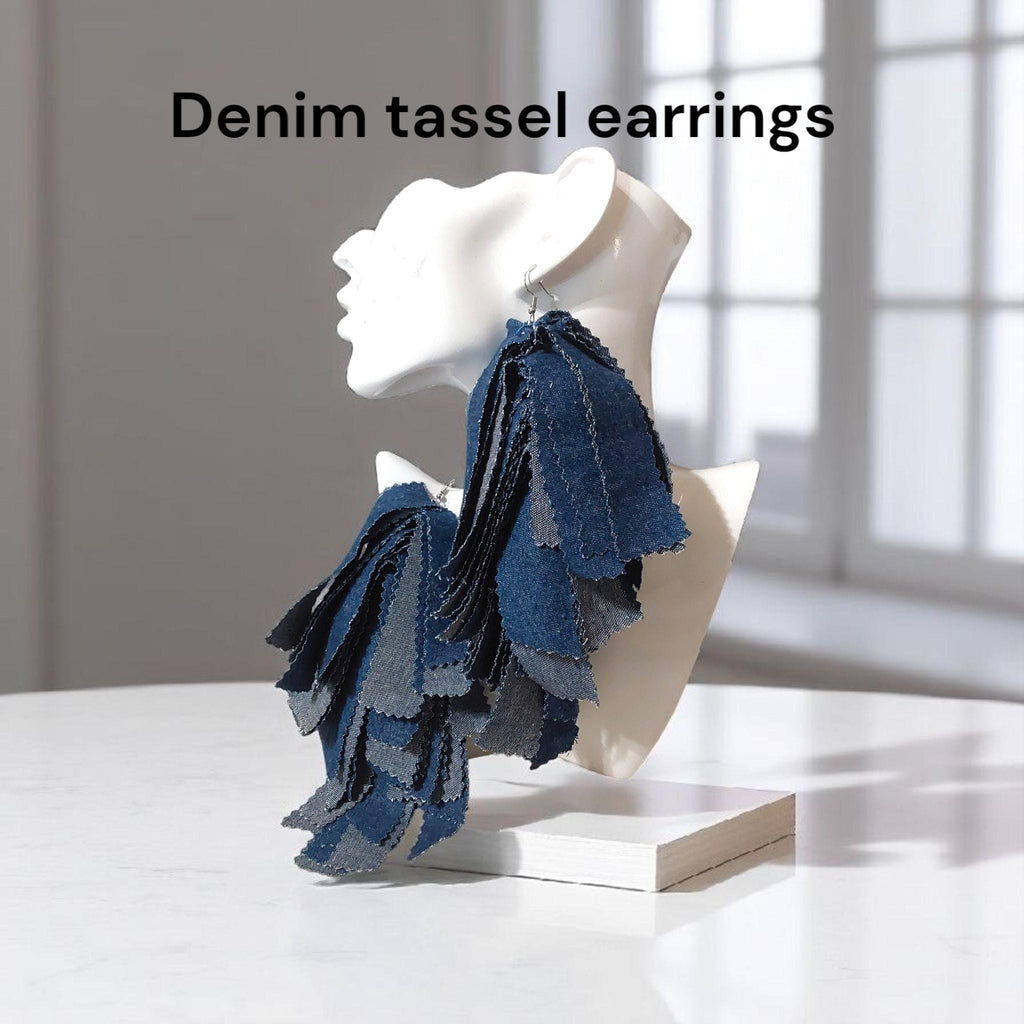 Handmade Denim Fringe Statement Earrings | Boho Lightweight Fabric Jewelry with Silver Accents