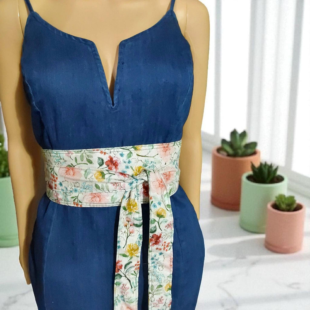 Handmade Reversible Obi Belt Floral & Dark Green Wrap Handmade Cotton Waist