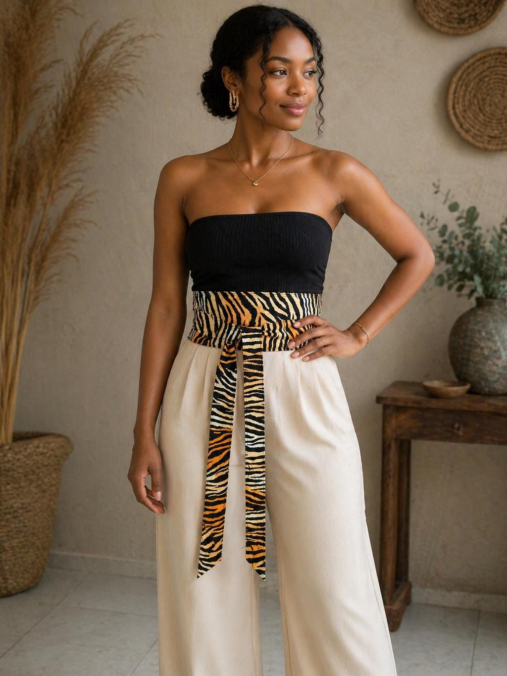 Handmade Tiger Print Cotton Obi Belt -  Waist Tie