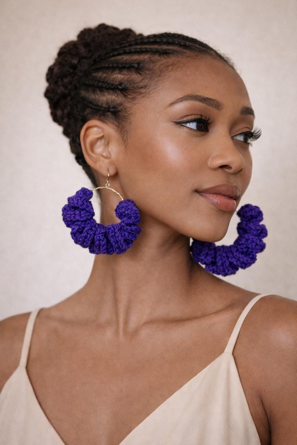 Handmade Crochet Scrunchie Hoop Earrings Set | Purple Yellow Bold Statement Accessory