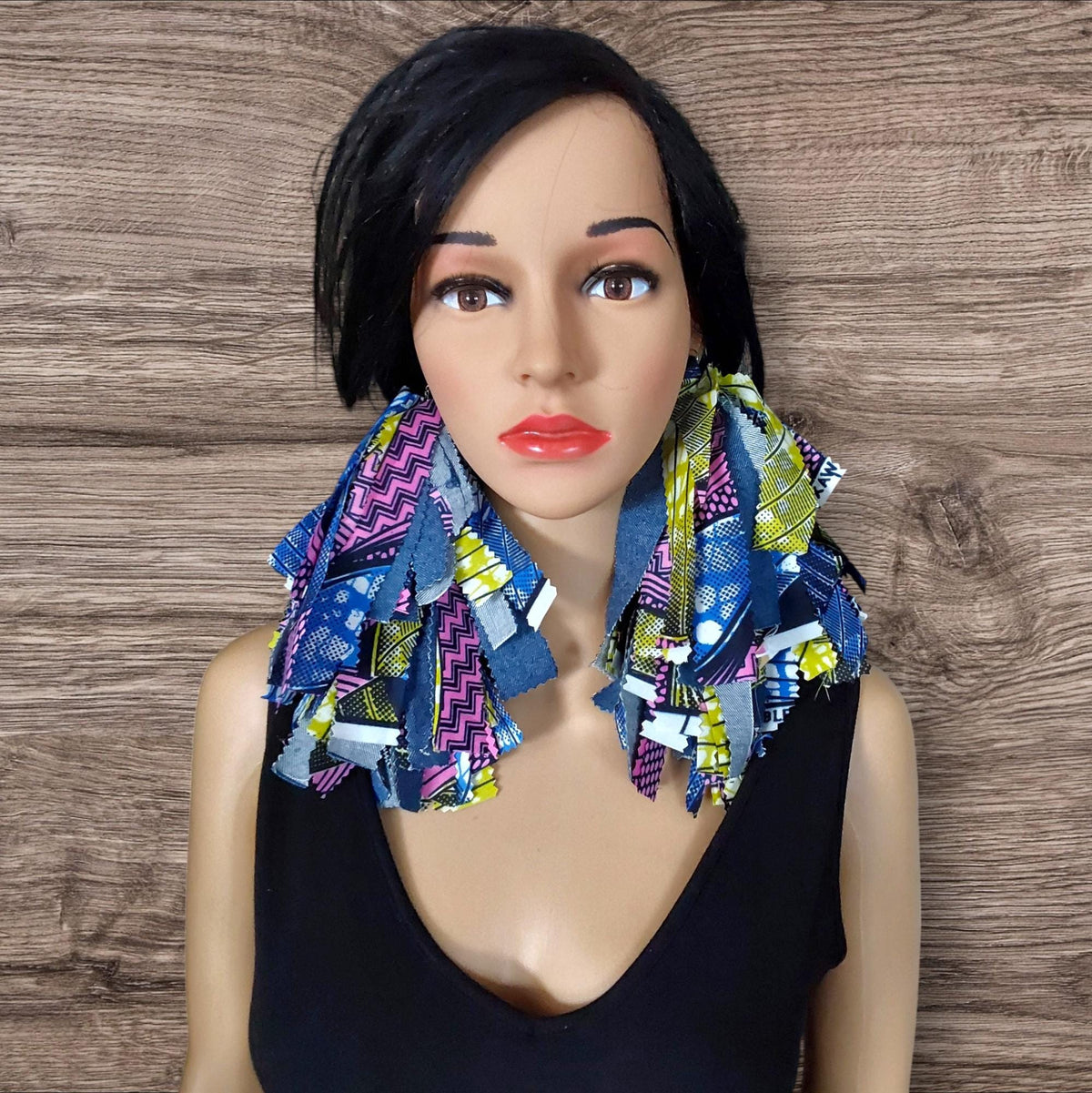 Handmade Denim Tassel Earrings: Mixed African Fabric, Boho Chic